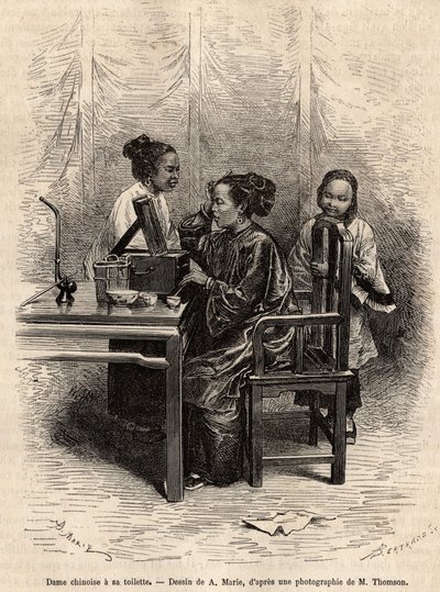 Chinesische Dame bei ihrer Toilette. Gravur nach einer Zeichnung von A. Marie, um die Reise nach Peking und Nordchina von T. Choutze in 1873 zu illustrieren, veröffentlicht in "Le tour du monde" 1876, herausgegeben von Edouard Charton, Hachette-Ausgabe, Pa von Adrien Emmanuel Marie