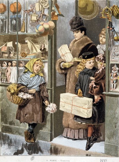 Armes Mädchen verkauft kleine Sträuße am Ausgang eines Spielzeugladens, wo reiche Leute herauskommen (Weihnachtseinkäufe?) - Zeichnung von Adrien Marie von Adrien Emmanuel Marie