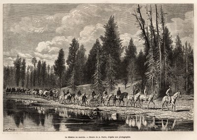 Die gesamte geografische Mission, auf dem Weg zum Mount Hayden, entlang des Henri River, graviert nach der Zeichnung von A. Marie, zur Illustration einer Reihe geografischer Missionen durch den Nationalpark der Vereinigten Staaten, von 1870 bis 1872, von M von Adrien Emmanuel Marie