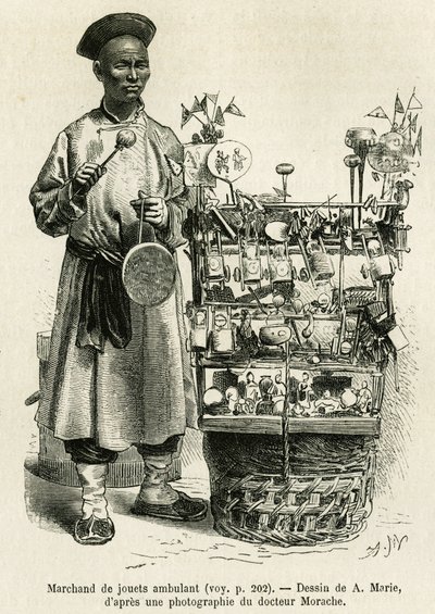 Der Spielzeughändler schlägt auf einen Kupfergong, um auf seine Puppen, Autos, Seidenschmetterlinge und Pfeifen aufmerksam zu machen, die das Orientalische Blumentor des Kaiserpalastes in Peking entlanggehen. Gravur nach A. Maries Zeichnung, zur Illustrati von Adrien Emmanuel Marie