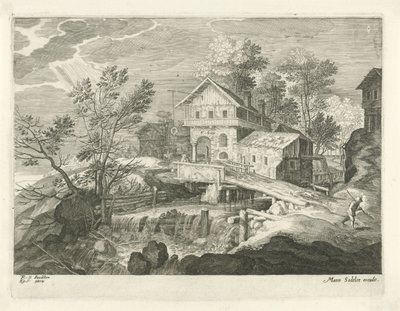 Gasthaus und einige Häuser bei einer Brücke von Egidius  Sadeler (II)