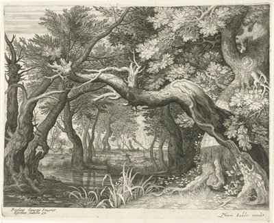 Hirschjagd bei einem Waldsee (Serie: Sechs Landschaften) von Egidius  Sadeler (II)