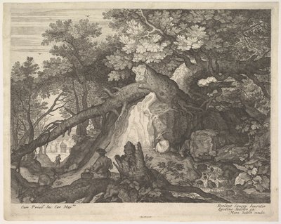 Ein Mann mit einem Stab sitzt auf einem Baumstamm, mit zwei Ziegen zu beiden Seiten, ca. 1600 von Aegidius Sadeler II