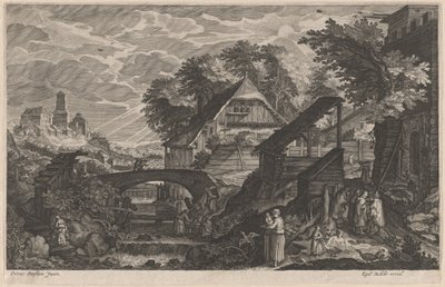 Bauernhäuser an einem Fluss mit einer Stadt im Hintergrund von Aegidius Sadeler II after Pieter Stevens