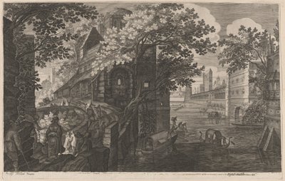 Gondeln auf einem Fluss bei einem Palast von Aegidius Sadeler II after Pieter Stevens