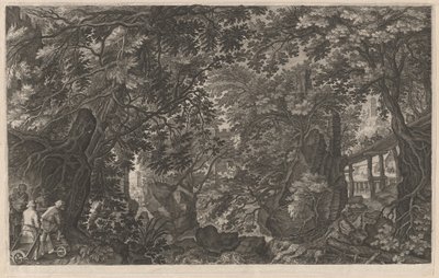 Jäger in einem Wald nahe einer Holzbrücke von Aegidius Sadeler II after Pieter Stevens