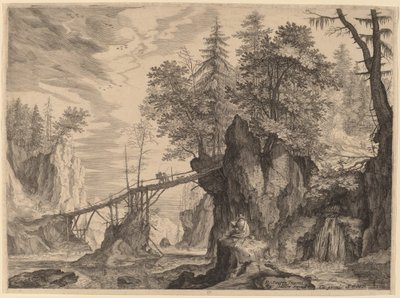 Zeichner auf einem Stein vor einer Brücke von Aegidius Sadeler II after Roelandt Savery