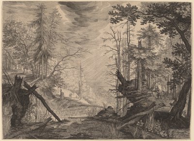 Drei Jäger und zwei Hunde in der Nähe eines Teiches von Aegidius Sadeler II after Roelandt Savery