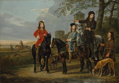 Reiterporträt von Cornelis und Michiel Pompe van Meerdervoort mit ihrem Tutor und Kutscher, auf der Jagd von Aelbert Cuyp