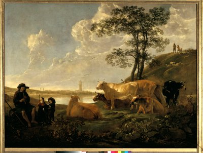 Landschaft bei Rhenen: weidende Kühe und ein Hirte, der Flöte spielt von Aelbert Cuyp