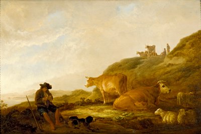 Sitzender Schäfer mit Kühen und Schafen auf einer Wiese von Aelbert Cuyp