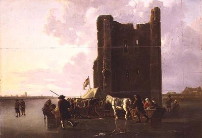 Stadtbewohner mit Schlitten auf dem gefrorenen Maas bei Huis te Merwede von Aelbert Cuyp