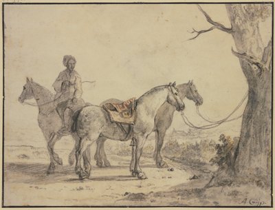 Zwei gesattelte Pferde an einen Baum gebunden, dabei ein Reiter von Aelbert Cuyp