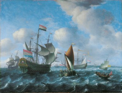 Ein Kriegsschiff, möglicherweise Het Wapen van Utrecht, ein Wijdschip und eine Spiegelsloep bei starkem Wind, 1671 von Aernout Smit
