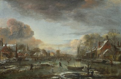 Ein gefrorener Fluss bei einer Stadt am Abend, ca. 1665 von Aert van der Neer