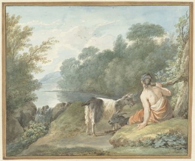 Hirtin mit Ziegen in einer Landschaft mit einem See von Aert Schouman