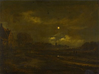 Mondschein Flusslandschaft mit einem Dorf, einer Windmühle und Kirche im Hintergrund, mit Reisenden auf einem Pfad im Vordergrund von Aert van der Neer