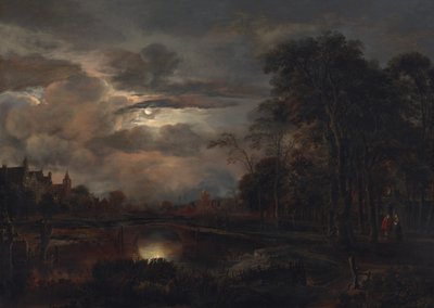 Mondscheinlandschaft mit Brücke, wahrscheinlich 1648-1650 von Aert van der Neer
