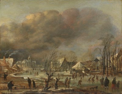 Schneefall auf ein Dorf neben einem zugefrorenen Kanal, 1630-77 von Aert van der Neer