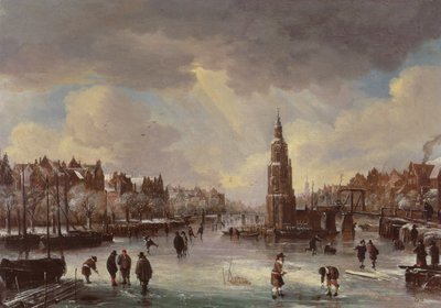 Stadt an einem zugefrorenen Fluss von Aert van der Neer