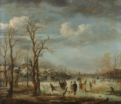 Winterlandschaft bei einer Stadt mit kahlen Bäumen von Aert van der Neer