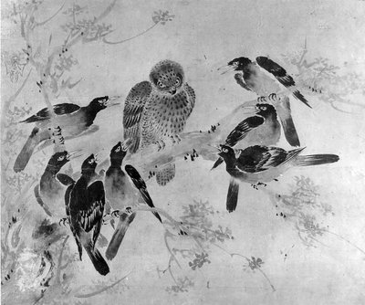 Mynah-Vögel greifen eine Eule an, wahrscheinlich 19. Jahrhundert von after Sesson Shūkei