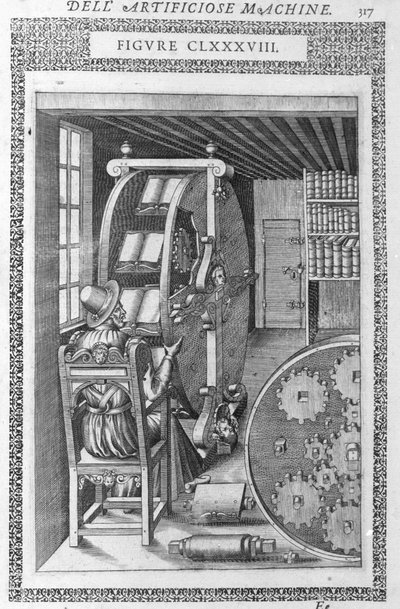 Automatische Bibliothek. Basierend auf einem Projekt von Agostino Ramelli in „Diverse und Artificiose Maschinen“ und Mailand 1600. von Agostino (after) Ramelli