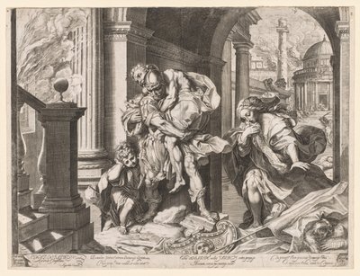 Aeneas und seine Familie fliehen aus Troja von Agostino Carracci