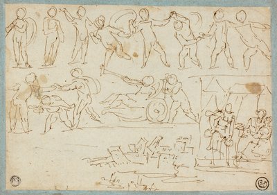 Fries von Putti, Skizze von Lot und seinen Töchtern, Skizze von Gebäuden von Agostino Carracci