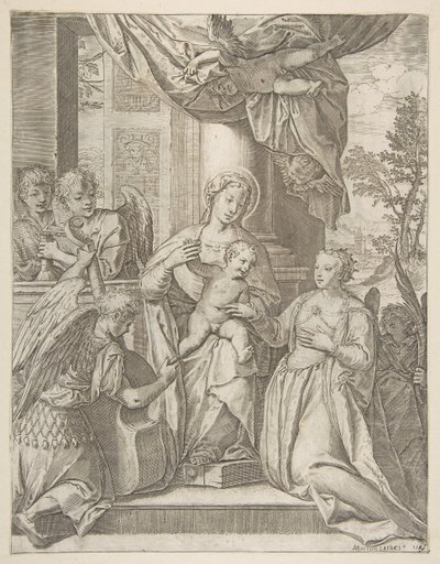 Die mystische Hochzeit der Heiligen Katharina, die in der Mitte mit dem Christuskind sitzt, Engel mit..., 1585 von Agostino Carracci