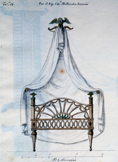 Himmelbett für Alexander Saracens, aus Lavori di falegname e Fabbro ideati e disegnati da me Agostino Fantastici, Manuskript 3, Tafel 18 von Agostino Fantastici