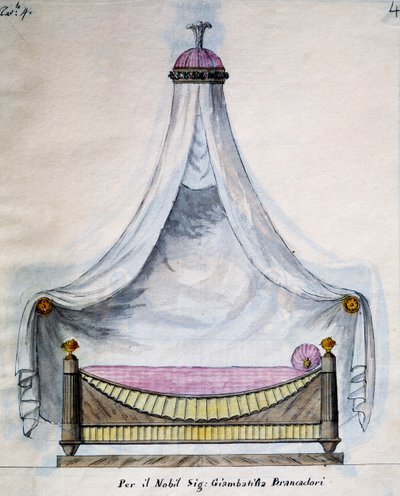 Himmelbett für Herrn Brancadori, aus Lavori di falegname e Fabbro ideati e disegnati da me Agostino Fantastici, Manuskript 3, Tafel 4 von Agostino Fantastici
