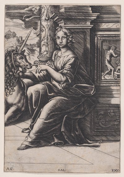 Keuschheit, eine sitzende Frau, ein Einhorn zu ihrer Rechten, ca. 1515-30 von Agostino Veneziano