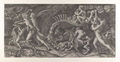 Lo Stregozzo: eine weibliche Hexe reitet auf einem Tierskelett, gefolgt von zwei Männern, ca. 1515-25 von Agostino Veneziano