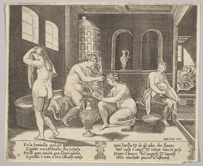 Tafel 7: Psyche wird in ihrem Bad von Nymphen bedient, im Hintergrund rechts Psyche repr..., ca. 1520-36 von Agostino Veneziano