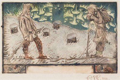 Zwei Skifahrer, Titelvignette für ein Gedicht im Großen Kalevala von Akseli Gallen-Kallela