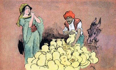 Ali Baba zeigt seiner Frau die Goldsäcke. Illustration von Albert Robida für Ali Baba und die vierzig Räuber, 1945, Privatsammlung von Albert (after) Robida