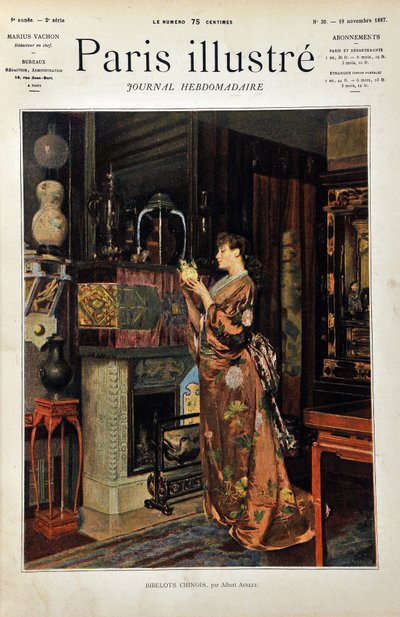 Chinesische Schmuckstücke. Eine europäische Frau, gekleidet im orientalischen Stil, betrachtet ihre Sammlung chinesischer Objekte. Illustration von Albert Aublet (1851-1938). Gravur von 1887 in „Paris-Illustrous journal weekly“. von Albert Aublet