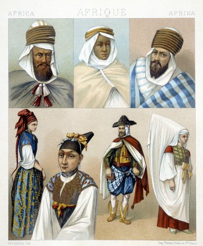 Kostüme und Frisuren aus Algerien. Illustration in „Le costume historique“ von Racinet von Albert Charles August Racinet