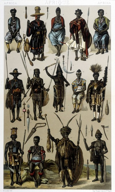 Kostüme von Guinea, Senegal und Gabun. Illustration in „Le costume historique“ von Racinet von Albert Charles August Racinet