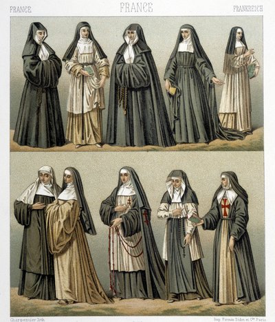 Kostüme von Nonnen in Frankreich im 18. Jahrhundert. Illustration in „Le costume historique“ von Racinet von Albert Charles August Racinet