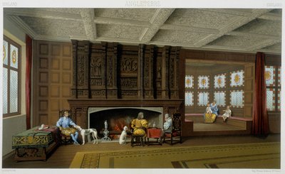 Englischer Lord und seine Familie in seinem Haus im 17. Jahrhundert. Chromolithographische Platte - in „Le costume historique“ von Racinet von Albert Charles August Racinet