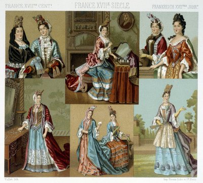 Mode und Frisuren in Frankreich im 18. Jahrhundert - in „Le costume historique“ von Racinet, späte 19. Jahrhundert von Albert Charles August Racinet