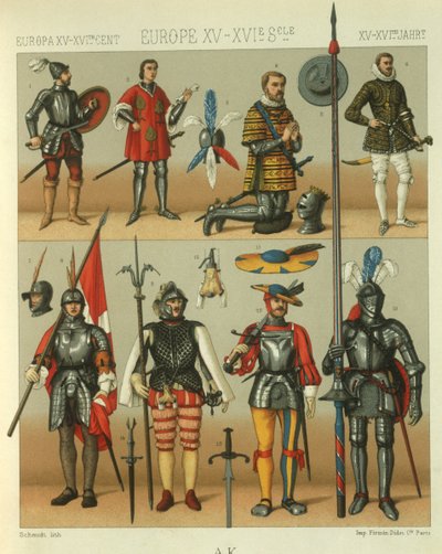 Illustration europäischer Krieger-Rüstungen von Albert Charles August Racinet