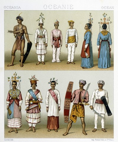 Einwohner der Celebes-Inseln in Indonesien. Illustration in „Le costume historique“ von Racinet von Albert Charles August Racinet