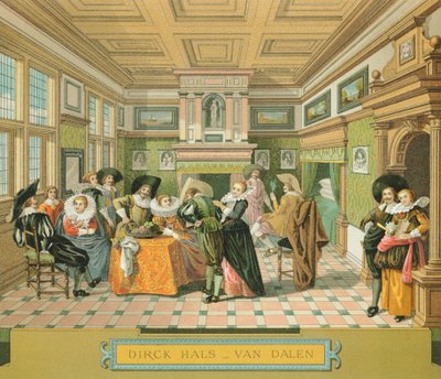 Innenraum eines niederländischen Adelswohnsitzes im 17. Jahrhundert, Illustration aus Die vollständige Kostümgeschichte von Auguste Racinet von Albert Charles August Racinet