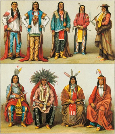 Ureinwohner von Mississippi und Colorado, Lithographie von Nordmann und Sahn aus Le Costume Historique, Band 2 von Albert Charles August Racinet