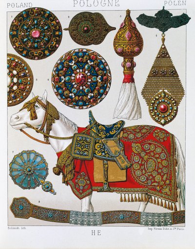 Polnische Ornamente, Pferde-Husaren, Lithographie aus Schmidts Costume historique, Band V von Albert Charles August Racinet