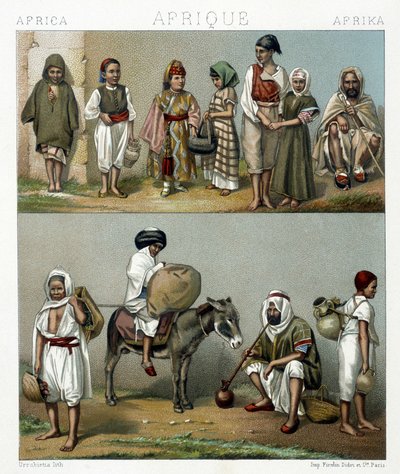 Volkskostüme aus Algerien und Tunesien. Illustration in „Le costume historique“ von Racinet von Albert Charles August Racinet