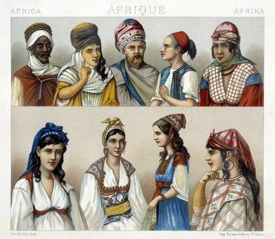 Traditionelle Kostüme und Kopfbedeckungen von Männern und Frauen in Algerien. Illustration in „Le costume historique“ von Racinet von Albert Charles August Racinet
